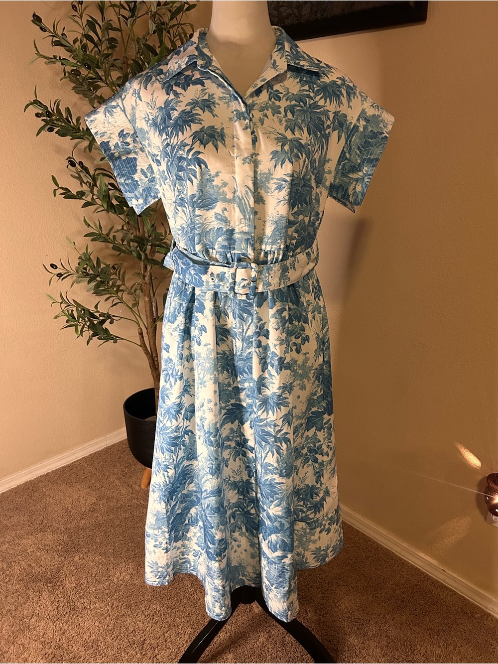 New Collections Blue Floral Belted Midi Shirt Dress - Cottage Core New